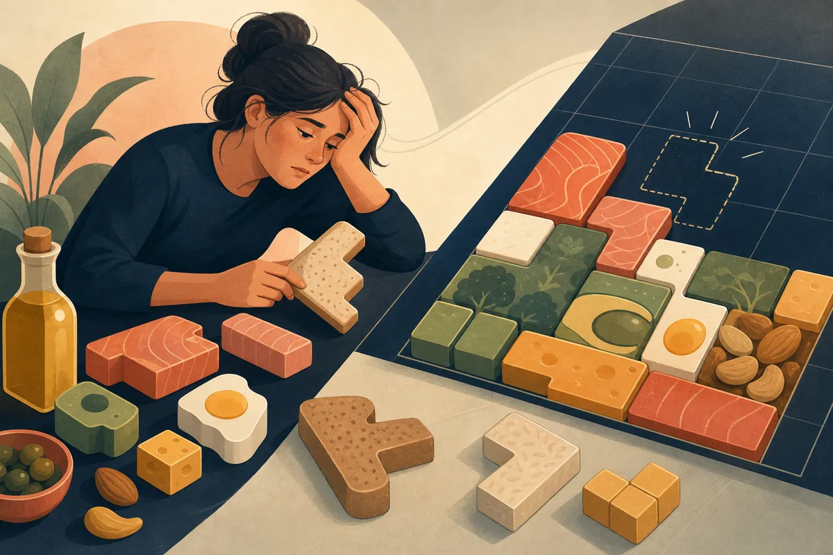 Foods drawn as puzzle blocks (salmon, avocado, egg, cheese, nuts) being fitted into a grid, with one gap left that nothing fits into.