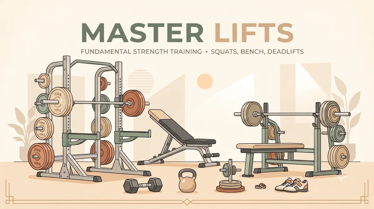 Squat rack, bench and barbells: fundamental strength training equipment.