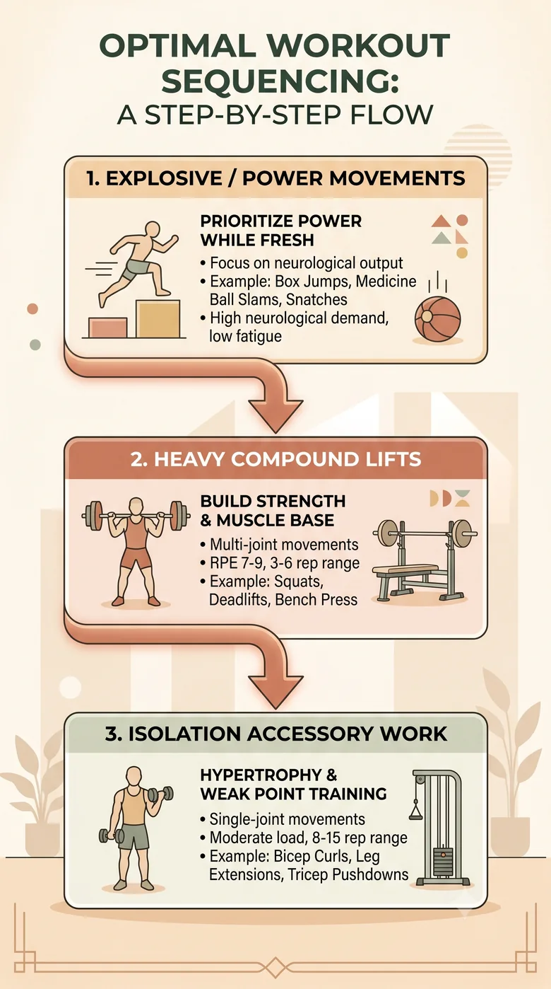 Optimal workout sequencing flow: explosive power movements, then heavy compound lifts, then isolation accessory work.