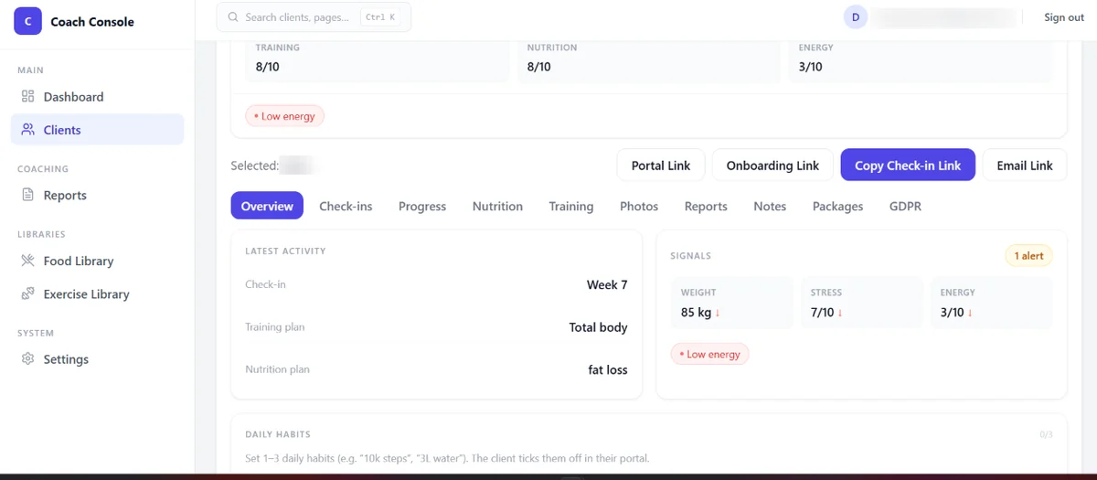 Client overview: signals, plan and weekly check-in